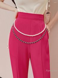 Women's Pants Temperament High Waist Split Flared Woman Summer 2023 Slim Fit Slimming Chain Suit Rose Pink Trousers