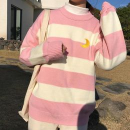 Women's Sweaters Autumn Sweater 2023 Winter Harajuku Korean Fashion Vintage Sweet Pink Embroidered Moon Stripe Knitted Women Clothing
