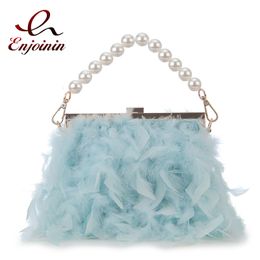 Evening Bags Luxury Feather Purses and Handbags for Women Party Clutch Bag Shoulder Pearl Chain Designer Wedding 12 Colors 230921
