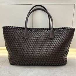 Cabat Weave Tote Shopping Bag Large Handbags Purse Zipper Liner Genuine Leather Designer Vegetable Basket Shoulder Bags Perforated Pocket