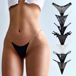 Sexy Set Metal Chain Sexy Thongs Transparent Lace Women's Underwear Erotic Letter Thin Cotton Panties Sex String Seamless Briefs 230808