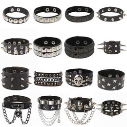 Bangle Skull Star Heart Punk Gothic Rock Three Row Metal Stud Spikes Rivet Pu Leather Wristband Wide Cuff Bracelet 230922