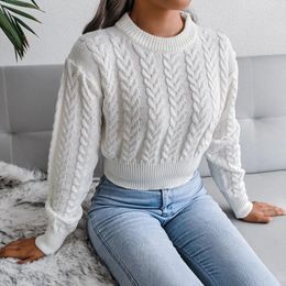 Women s Sweaters Crop Cable Knit White Sweater Long Sleeve Crew Neck Pullover Women Jumper Soft Girls Autumn Winter Thick Warm Knitwear 230921