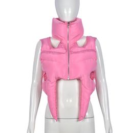 Women s Jackets Pink Sexy Cut Out Cropped Puffer Women 2023 Autumn Winter Irregular Sleeveless Vest Y2K Turtleneck Quilted Bubble Coats 230922