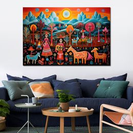 Colorful Canvas Print Mexican Folk Wall Art Abstract Large Beautiful Picture Poster for Living Room Decor