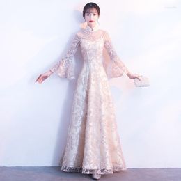 Ethnic Clothing Champagne Bell Sleeve Oriental Style Dresses Chinese Bride Vintage Traditional Wedding Cheongsam Dress Long Qipao Size 3XL