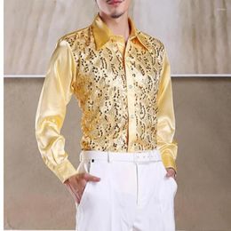 Men's Casual Shirts Shiny Gold Sequin Glitter Long Sleeve Shirt Men 2023 Fashion Nightclub Party Stage For Chemise Homme