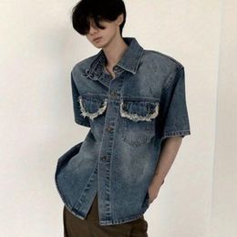 Men's Casual Shirts Summer Niche Retro Shoulder Pad Denim Jacket Causal Loose Hgih Street Short-sleeved T-shirts Men Top Male Clothes