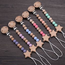 Beech Wood Chew Bead Pacifier Clips Chain Pentagram Dummy Chain Holder Soother Chains Nipple Holder For Baby Chew Teething Toy