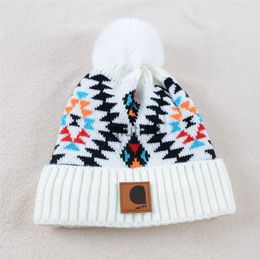 Beanie/Skull Caps Fashion Winter Warm Hat Bohemian Colourful Printing Fur Ball Knitted Hat Trendy All-Match Leisure Pullover Hat x0922