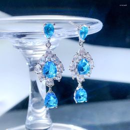 Dangle Earrings Fashion Temperament Long Water Drop Blue Zircon Eardrop Female Tide 925 Stamp Bohemian Ear Accessories Gift