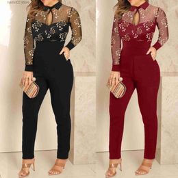 Women's Jumpsuits Rompers Rompers Womens Jumpsuit Black Elegant Sequins Mesh Glitter Party Night Sexy 2023 Spring Long Pants One-piece Clothes Overalls T230922