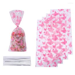Gift Wrap 100Pcs Pink Butterfly Plastic Bag Candy Cookie Dessert Flat Pocket Tied Silk Seal Party