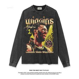 2022 Warrior Wiggins American Street Basketball Shirt Long Sleeve T-shirt Loose Washed Old Round Neck Fashionklvi