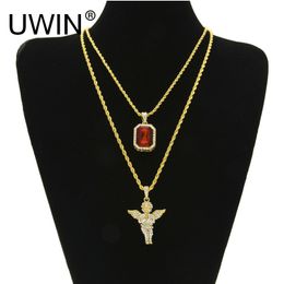 Wedding Jewellery Sets UWIN Mens Iced Out Hip hop Necklace Set Micro Square Crystal With Full Angel Wing Pendant Chain 230921