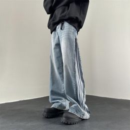 Men's Jeans Side Stripe Zipper Men Streetwear Hip Hop Loose Casual Denim Baggy Pants Cityboy Wide Leg Trousers Y2k