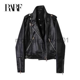 Women's Fur Faux Fur RARF 2022Women's Spring Black faux-leather jacket Casual zipper and belt Cycling jacket Casual jacket J230922