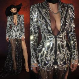 Diamond Blazers Women Stage Wear Elegant Stylish Printed Rhinestones Mesh Tailing Slim Coat Bar Singer Star Evening Party Catwalk 288a