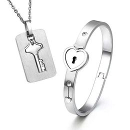 2pcs Set New Stainless Steel Silver Love Heart Lock Bangle Bracelet Matching Key Tag Pendant Necklace Couple Set231v