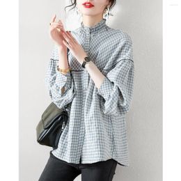 Women's Blouses Shirts Women Autumn Spring Long Sleeve Plaid Loose All-match Street Wear Korean Style Leisure Womens Tops Chic R14