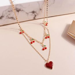 Chains Double Layer Necklace With Cherry/Grape Pendant Fashion Heart Charm Neckchain Adjustable For Parties & Social Event