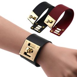 Luxury Designer Hremss Bangle for sale Exaggerated Personality mainstream Alloy Buckle Wide Bracelet Punk Gothic Creative PU Leather With Real Logo