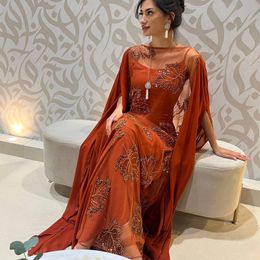 Оранжевое роскошное вечернее платье русалки с круглым вырезом в Дубае и накидкой без рукавов из бисера, шифоновое элегантное женское вечернее платье для выпускного вечера, платья de noche