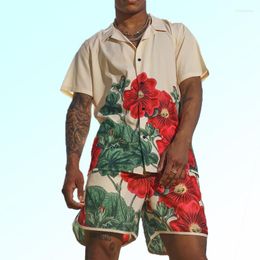 Men's Tracksuits 2023 Men Hawaiian Sets Vacation Flower Printed Streetwear Lapel Short Sleeve Shirt & Shorts 2pcs Outfits Summer Suits