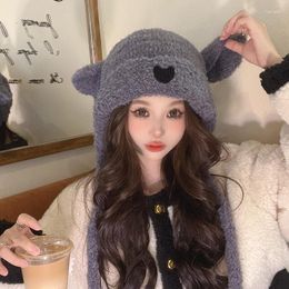 Berets Bear Ears Plush Bomber Hats Autumn And Winter Warm Ear Protection Show Face Cute Knitted Pullover Caps For Women Men
