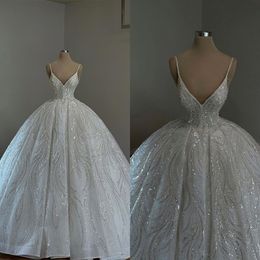 Princess Wedding Dress Spaghetti Straps Sequins Lace Bridal Gowns Custom Made Ball Gown Plus Size Bride Dresses