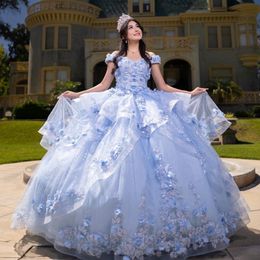 Sky Blue Sexy V-Neck Off the Shoulder Quinceanera Dress Lace-Up Back Cocktail Dresses Beads Applique Sweep Train Vestidos De Baile Ball Gown