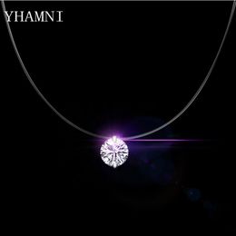 YHAMNI New 6MM 8MM Round CZ Real 925 Sterling Silver Pendant Necklace Transparent Fish Line Elegent Necklaces Wedding Jewellery for 314B