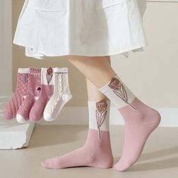 Women Socks Flower Embroidery Pink Harajuku Vintage Streetwear Cotton Long Japanese Fashion Sweet Girls Kawaii Cute