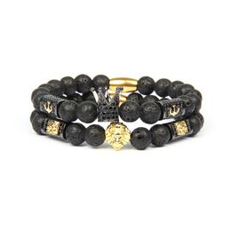 New Classic Lion Beaded Bracelets Bangle Whole Gold Stainless Steel Tube With 8mm Natural Lave Stone Beads Men CZ Crown Bracel273Y