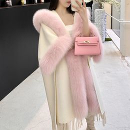 Womens Wool Blends Winter Thick Warm Coat Lady Fashion Cashmere Cape Trench Real Fur Collar Cuff Poncho LZ6074 230921