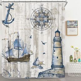 Shower Curtains Nautical Sailboat Wooden Shower Curtain Compass Anchor Lighthouse on Vintage Barn Door Pirate Fabric Bathroom Decor with Hooks 230922