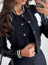 Women's Jackets Chic Baseball For Women Letter Pattern Striped Buttoned Jacket PU Leather Long Sleevels Pocket Daily Woman Clothing