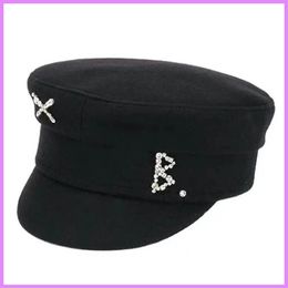 Luxury Designer Rhinestone Embroidered Wool Tweed Autumn Winter Navy Hats Girl Bailey Flat Top Cap Women Mens Caps Casquette D2112263q