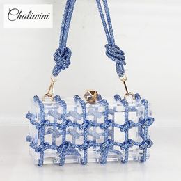 Evening Bags Chaliwini Diamond Clear Acrylic Box Evening Clutch Bags Women Boutique Woven Knotted Rope Rhinestone Purses Handbags Wedding 230922