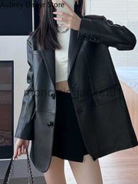 Women's Fur Faux Fur Korean Black Leather Jacket Women Streetwear Loose Formal Leather Blazers Female Fashion Trend Chic Punk Leather Jacket 2023 New J230922