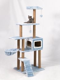 150cm 59.05Inches Luxury Modern Plush Cat Tree Tower Climbing Pets Scratching House Posts Wooden Large Space Capsule Cat Condo