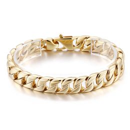 23cm 9 inch 12mm Gold-Plated Chain Bracelet Fashion Stainless Steel Cuban curb Link Chain Bangle Women Mens Jewlery251q