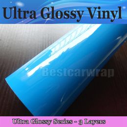 Premium 3 Layers Glos baby blue Vinyl wrap High Glossy Car Wrap Film with air Bubble vehicle wrap covering foil Size1 52 20M249N