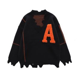 Men's Sweaters Irregular Hem Frayed Letter Embroidery V Neck Casual Sweaters Men and Women High Street Retro Pullover Knitted Autumn Clothes 230922