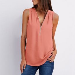 Women's Blouses Shirts Plus Size S5XL Sexy Sleeveless V Neck Zipper Blusas Chiffon Blouse Women Shirt Summer Casual Loose Tees Tank Tops Ladies 230921