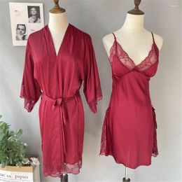 Women's Sleepwear Casual Sexy Lace Trim Robe Nightdress 2Pcs Summer Home Wear Nightwear Sleep Kimono Bath Gown