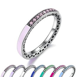 925 Sterling Silver Radiant Hearts Light Pink Enamel Clear CZ Finger Ring Women Wedding Jewellery 330I