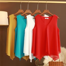 Women's Blouses Shirts Fashion Women Chiffon Ladies Tops Loose Sleeveless V Neck Shirt Blusas Femininas Plus Size M5XL Female Clothing XZ808 230921