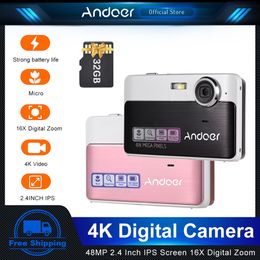 Camcorders Andoer 디지털 카메라 4K 비디오 캠코더 48MP 16X 디지털 줌 32GB 카드 크리스마스 선물 어린이 십대 친구 230922