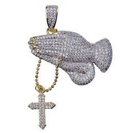 Hip Hop Brass Double Colors Iced Out Micro Pave CZ Praying Hands Cross Pendant Necklace Charm For Men Women177b